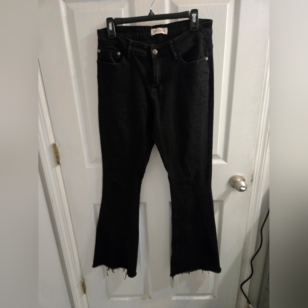 Red Bottoms Pants Women 9 Black Denim Flared Mid Rise Raw Hem Cotton Rayon